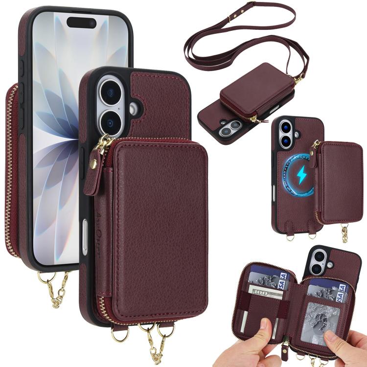 Cartera bandolera 2 en 1 con cremallera y funda trasera de cuero para teléfono AwQuer, For iPhone 17 Pro Max, For iPhone 17 Pro, For iPhone 17, For iPhone Air, For iPhone 16 Pro Max, For iPhone 16 Pro