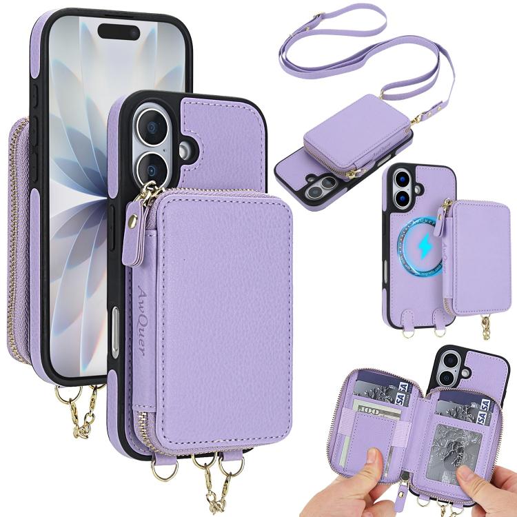 Cartera bandolera 2 en 1 con cremallera y funda trasera de cuero para teléfono AwQuer, For iPhone 17 Pro Max, For iPhone 17 Pro, For iPhone 17, For iPhone Air, For iPhone 16 Pro Max, For iPhone 16 Pro