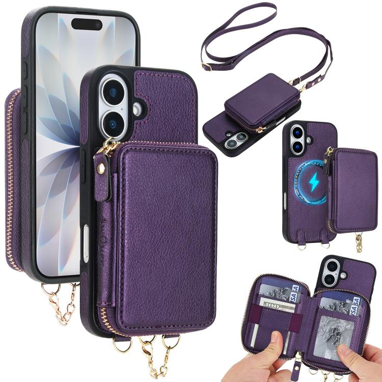 Cartera bandolera 2 en 1 con cremallera y funda trasera de cuero para teléfono AwQuer, For iPhone 17 Pro Max, For iPhone 17 Pro, For iPhone 17, For iPhone Air, For iPhone 16 Pro Max, For iPhone 16 Pro