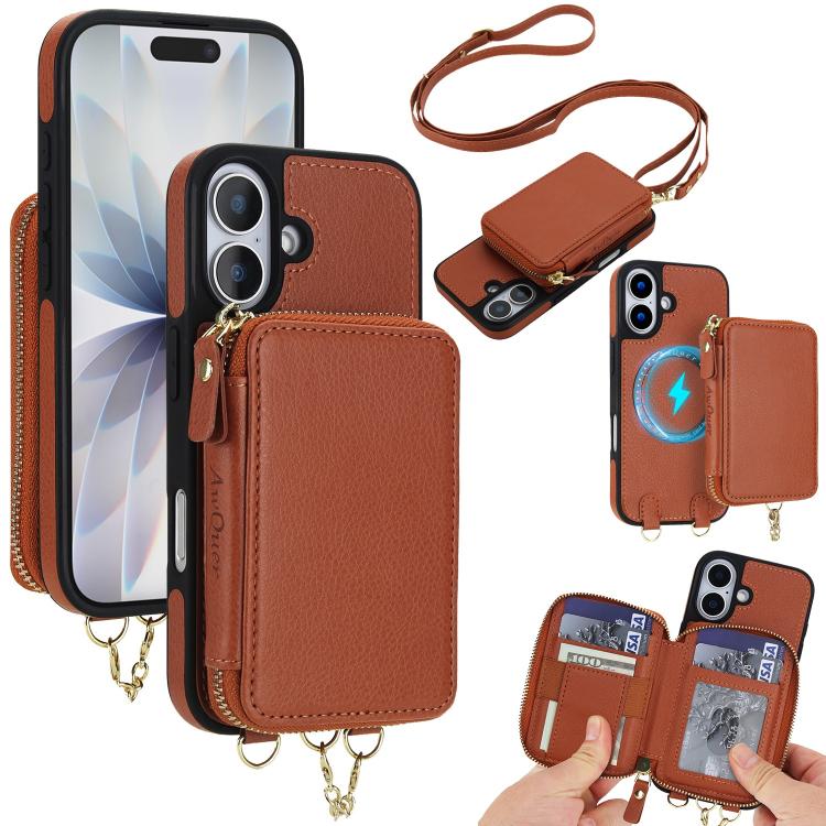 Cartera bandolera 2 en 1 con cremallera y funda trasera de cuero para teléfono AwQuer, For iPhone 17 Pro Max, For iPhone 17 Pro, For iPhone 17, For iPhone Air, For iPhone 16 Pro Max, For iPhone 16 Pro