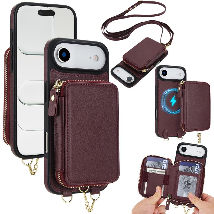 Cartera bandolera 2 en 1 con cremallera y funda trasera de cuero para teléfono AwQuer, For iPhone 17 Pro Max, For iPhone 17 Pro, For iPhone 17, For iPhone Air, For iPhone 16 Pro Max, For iPhone 16 Pro