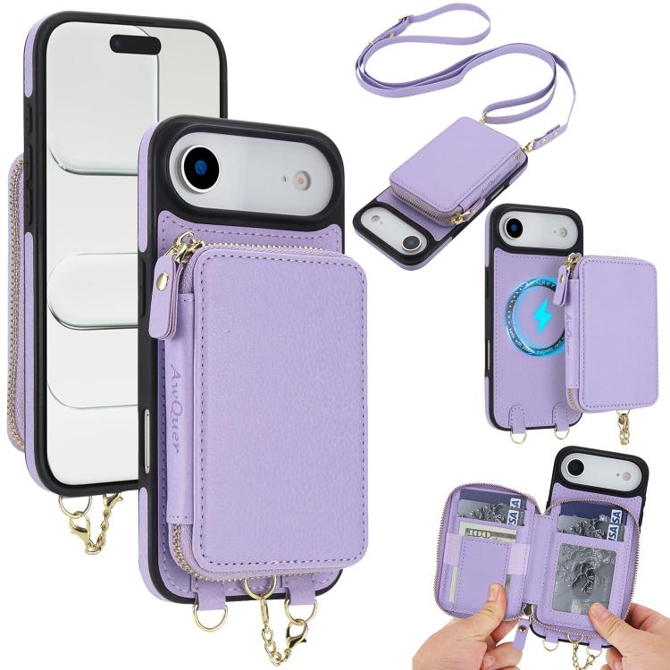 Cartera bandolera 2 en 1 con cremallera y funda trasera de cuero para teléfono AwQuer, For iPhone 17 Pro Max, For iPhone 17 Pro, For iPhone 17, For iPhone Air, For iPhone 16 Pro Max, For iPhone 16 Pro