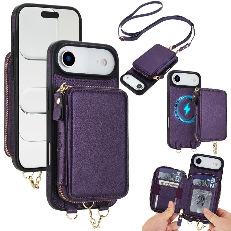 Cartera bandolera 2 en 1 con cremallera y funda trasera de cuero para teléfono AwQuer, For iPhone 17 Pro Max, For iPhone 17 Pro, For iPhone 17, For iPhone Air, For iPhone 16 Pro Max, For iPhone 16 Pro