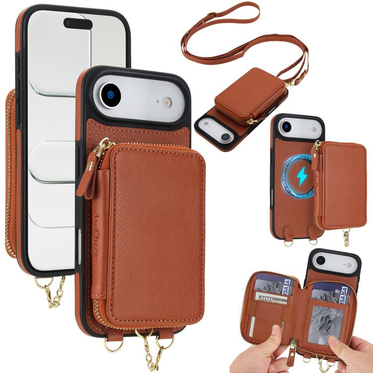 Cartera bandolera 2 en 1 con cremallera y funda trasera de cuero para teléfono AwQuer, For iPhone 17 Pro Max, For iPhone 17 Pro, For iPhone 17, For iPhone Air, For iPhone 16 Pro Max, For iPhone 16 Pro