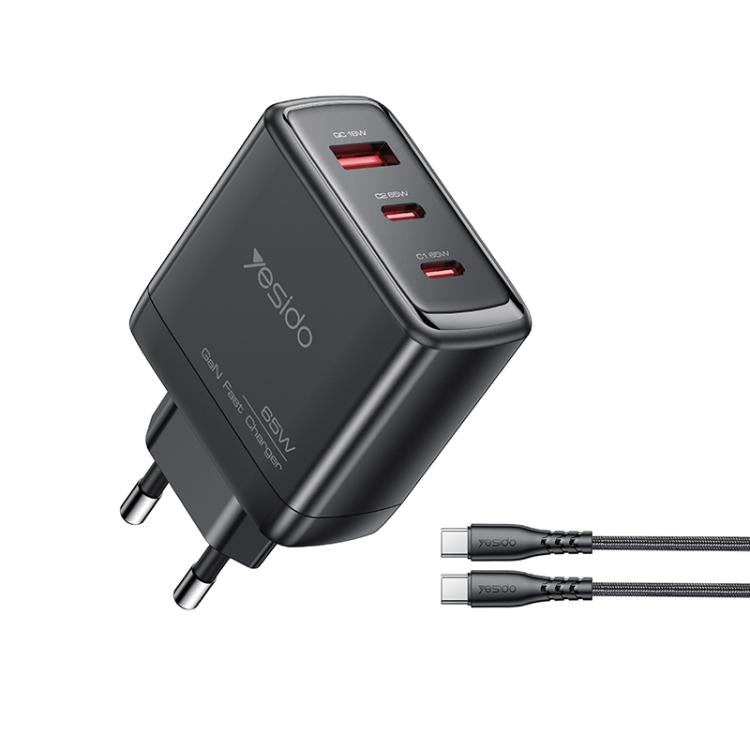 Cargador rápido Yesido YC144C de 65 W con tres puertos y cable USB-C de 1 m., YC144C