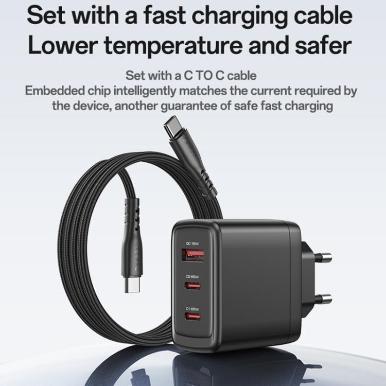 Cargador rápido Yesido YC144C de 65 W con tres puertos y cable USB-C de 1 m., YC144C