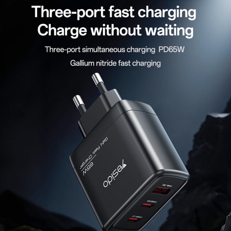 Cargador rápido Yesido YC144C de 65 W con tres puertos y cable USB-C de 1 m., YC144C