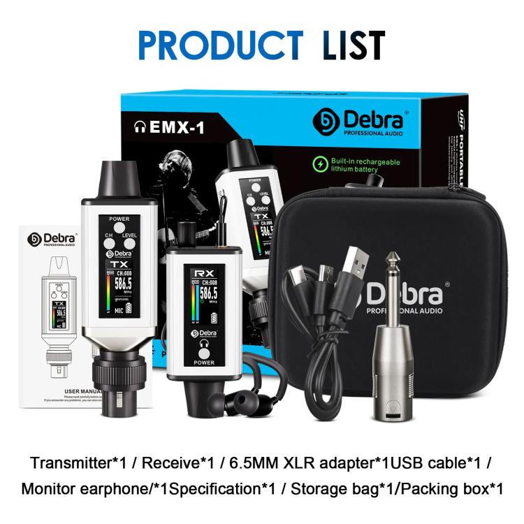 Adaptador XLR DEBRA EMX-1 para sistema de monitor inalámbrico portátil (transmisor y receptor), TX & RX