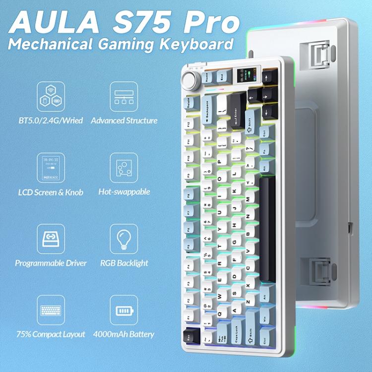 Teclado mecánico AULA S75 Pro de 80 teclas con cable/2.4G/Bluetooth, tres modelos personalizables con degradado.
