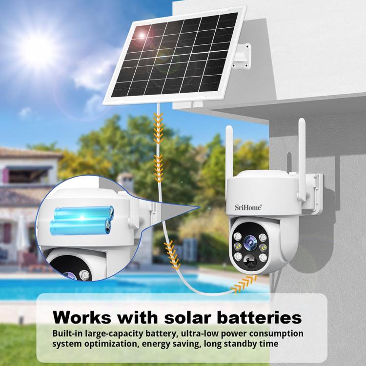 Sistema de cámara de seguridad inalámbrica SriHome DH005 de 4 MP y 2K con bajo consumo de energía y panel solar., DH005
