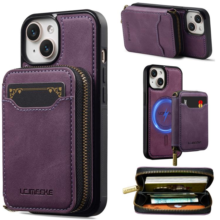 LC.IMEEKE Serie L6 Tarjetero con cremallera Funda magnética para teléfono MagSafe, For iPhone 15, For iPhone 14 Plus, For iPhone 14, For iPhone 13, For iPhone 13 mini, For iPhone 12 / 12 Pro, For iPhone 12 mini, For iPhone 11