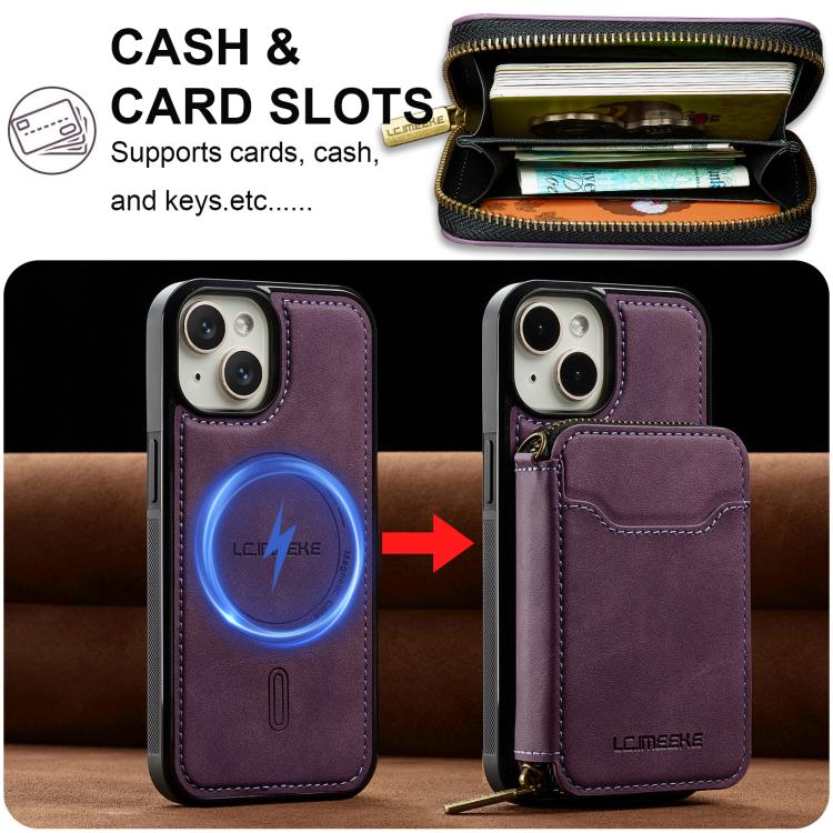 LC.IMEEKE Serie L6 Tarjetero con cremallera Funda magnética para teléfono MagSafe, For iPhone 15, For iPhone 14 Plus, For iPhone 14, For iPhone 13, For iPhone 13 mini, For iPhone 12 / 12 Pro, For iPhone 12 mini, For iPhone 11