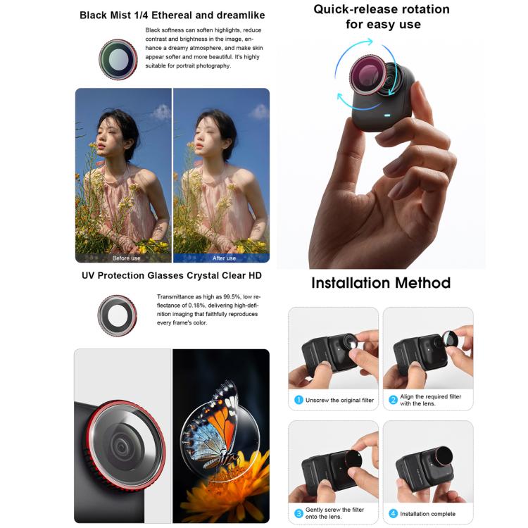 Filtro para lente de cámara Insta360 GO Ultra STARTRC, CPL, Black Mist 1/4, UV, ND32, 4 in 1 ND32/64 UV CPL