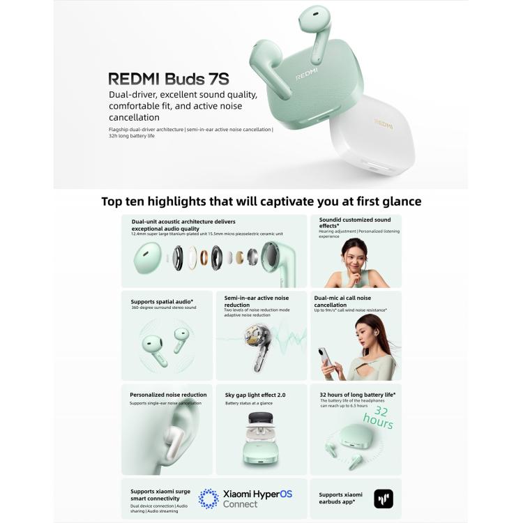 Auriculares Bluetooth originales Xiaomi Redmi Buds 7S con cancelación activa de ruido y semi-intraaurales