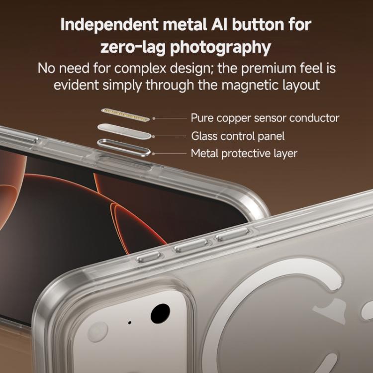 Funda para teléfono ZGA MagSafe Metal AI Buttons transparente híbrida de PC y TPU, For iPhone 17 Pro Max, For iPhone 17 Pro, For iPhone 17, For iPhone Air