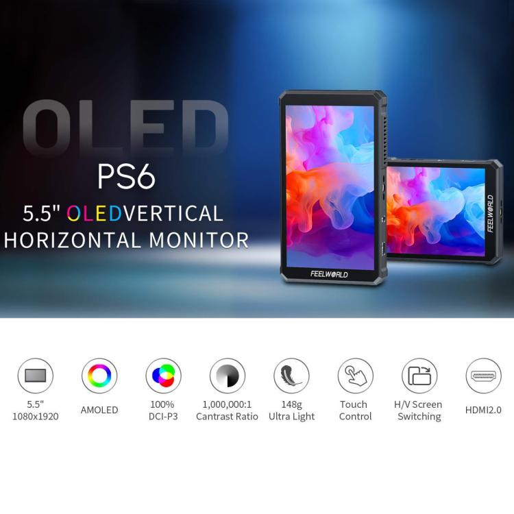 FEELWORLD PS6 Monitor de vídeo OLED vertical y horizontal de 5,5 pulgadas con pantalla táctil, resolución 4K y compatible con HDMI., US Plug, EU Plug, UK Plug, AU Plug