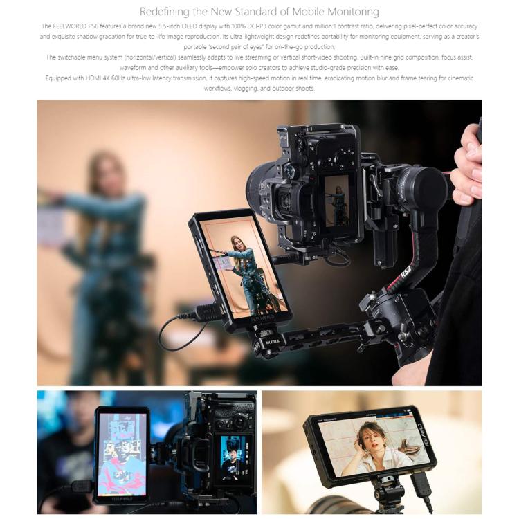 FEELWORLD PS6 Monitor de vídeo OLED vertical y horizontal de 5,5 pulgadas con pantalla táctil, resolución 4K y compatible con HDMI., US Plug, EU Plug, UK Plug, AU Plug