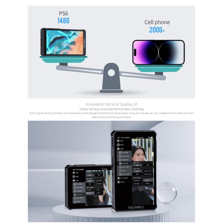 FEELWORLD PS6 Monitor de vídeo OLED vertical y horizontal de 5,5 pulgadas con pantalla táctil, resolución 4K y compatible con HDMI., US Plug, EU Plug, UK Plug, AU Plug