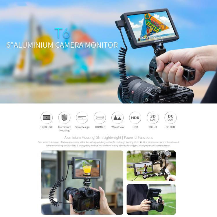 Monitor de vídeo para campo de cámara FEELWORLD T6 de 6 pulgadas, carcasa de aluminio, compatible con HDMI 4K, 1920x1080 IPS, T6