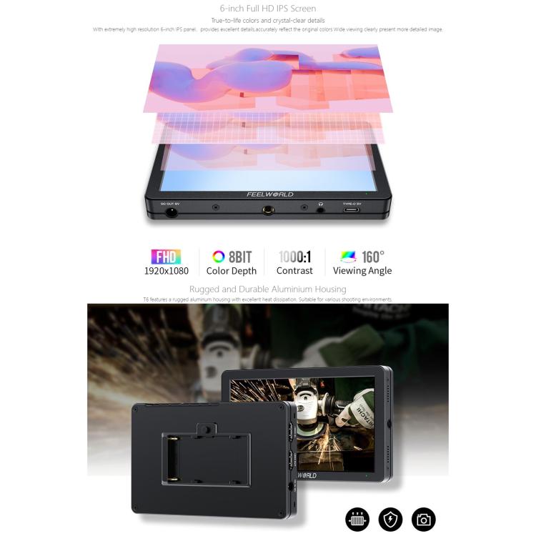 Monitor de vídeo para campo de cámara FEELWORLD T6 de 6 pulgadas, carcasa de aluminio, compatible con HDMI 4K, 1920x1080 IPS, T6