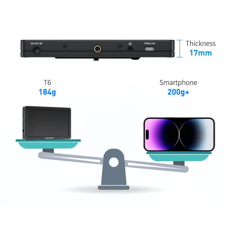 Monitor de vídeo para campo de cámara FEELWORLD T6 de 6 pulgadas, carcasa de aluminio, compatible con HDMI 4K, 1920x1080 IPS, T6