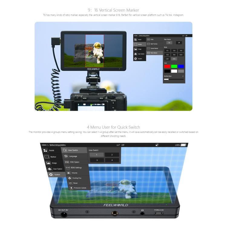 Monitor de vídeo para campo de cámara FEELWORLD T6 de 6 pulgadas, carcasa de aluminio, compatible con HDMI 4K, 1920x1080 IPS, T6