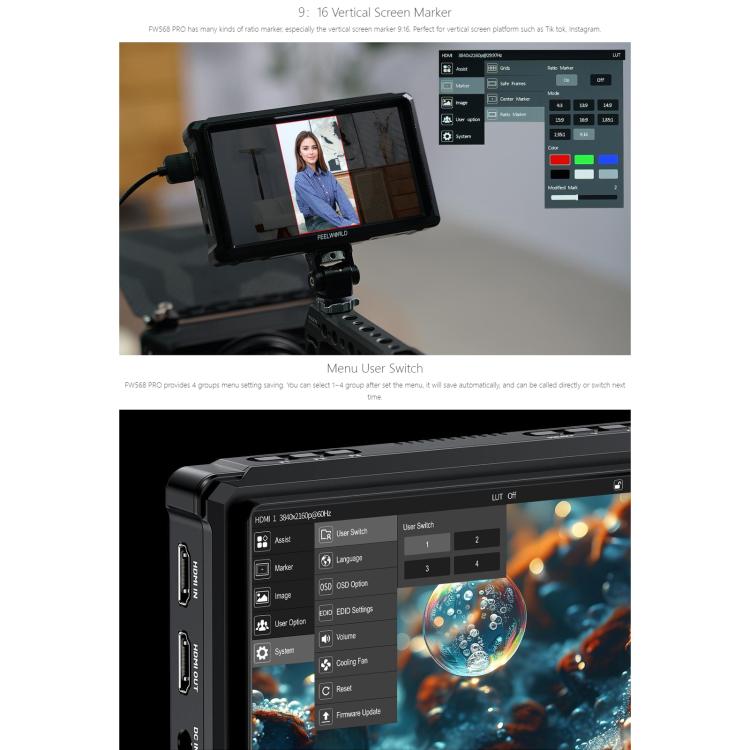 Monitor para cámara DSLR FEELWORLD FW568 Pro de 6 pulgadas, 1200 nits de brillo, 4K, HDMI, pantalla IPS de 60 Hz, FW568 Pro