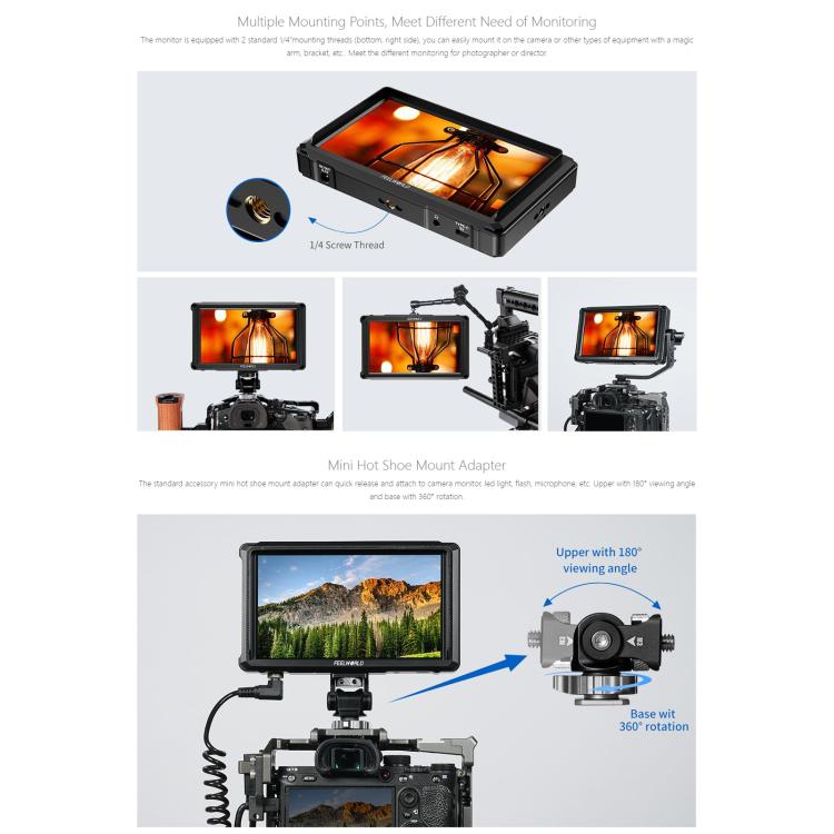 Monitor para cámara DSLR FEELWORLD FW568 Pro de 6 pulgadas, 1200 nits de brillo, 4K, HDMI, pantalla IPS de 60 Hz, FW568 Pro