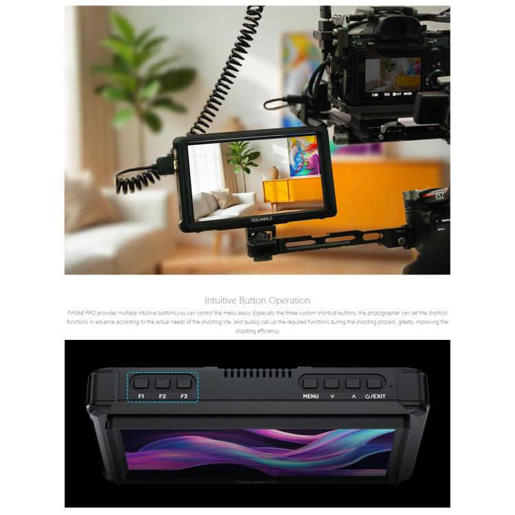 Monitor para cámara DSLR FEELWORLD FW568 Pro de 6 pulgadas, 1200 nits de brillo, 4K, HDMI, pantalla IPS de 60 Hz, FW568 Pro