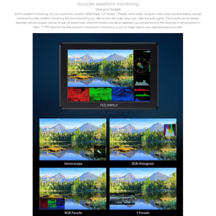 Monitor de vídeo para campo de cámara FEELWORLD T7 Pro de 7 pulgadas, 2000 nits, carcasa de aluminio, resolución 4K (1920 x 1200), pantalla IPS compatible con HDMI., T7 Pro