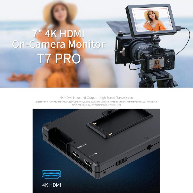 Monitor de vídeo para campo de cámara FEELWORLD T7 Pro de 7 pulgadas, 2000 nits, carcasa de aluminio, resolución 4K (1920 x 1200), pantalla IPS compatible con HDMI., T7 Pro