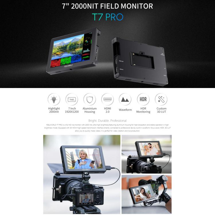 Monitor de vídeo para campo de cámara FEELWORLD T7 Pro de 7 pulgadas, 2000 nits, carcasa de aluminio, resolución 4K (1920 x 1200), pantalla IPS compatible con HDMI., T7 Pro