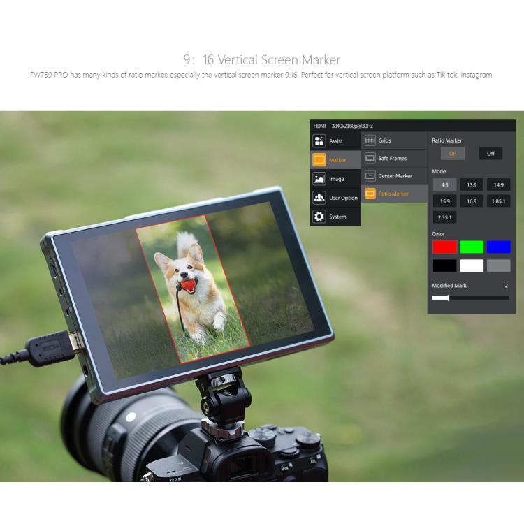 Monitor de vídeo para campo con pantalla táctil FEELWORLD FW759 Pro de 7 pulgadas, compatible con HDMI 4K y resolución IPS de 1280 x 800., FW759 Pro