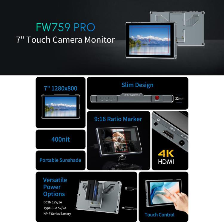 Monitor de vídeo para campo con pantalla táctil FEELWORLD FW759 Pro de 7 pulgadas, compatible con HDMI 4K y resolución IPS de 1280 x 800., FW759 Pro
