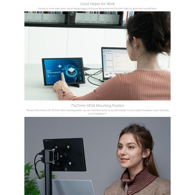 FEELWORLD D10 Monitor externo portátil táctil de 10,1 pulgadas, resolución FHD 1920 x 1200, pantalla compatible con USB-C y HDMI., D10