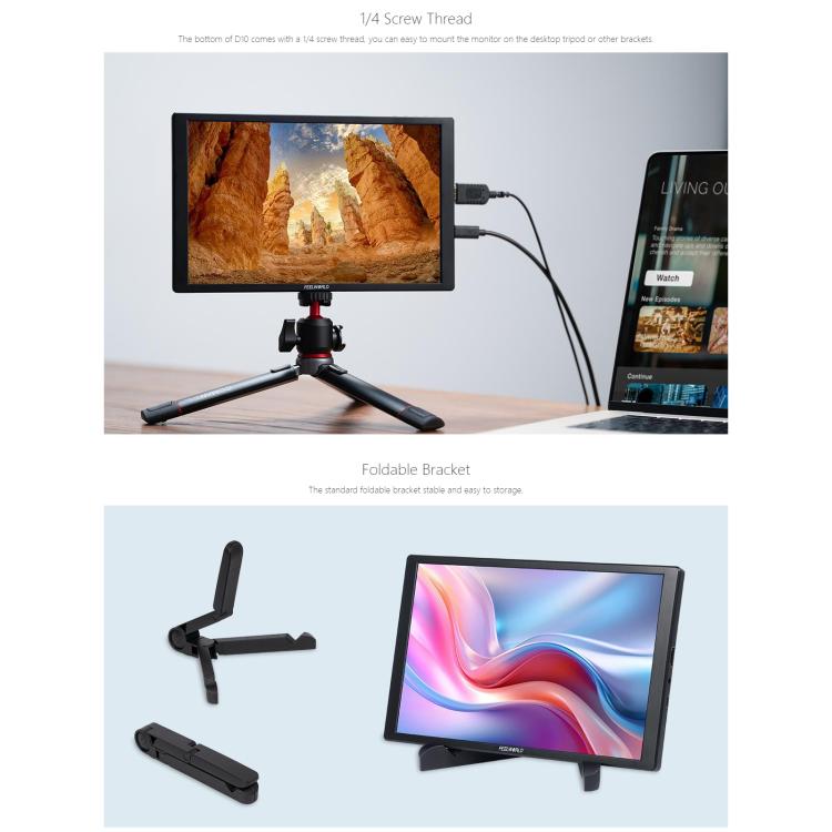 FEELWORLD D10 Monitor externo portátil táctil de 10,1 pulgadas, resolución FHD 1920 x 1200, pantalla compatible con USB-C y HDMI., D10