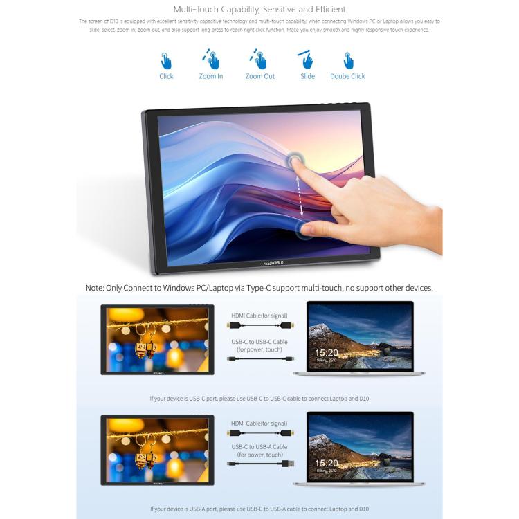 FEELWORLD D10 Monitor externo portátil táctil de 10,1 pulgadas, resolución FHD 1920 x 1200, pantalla compatible con USB-C y HDMI., D10