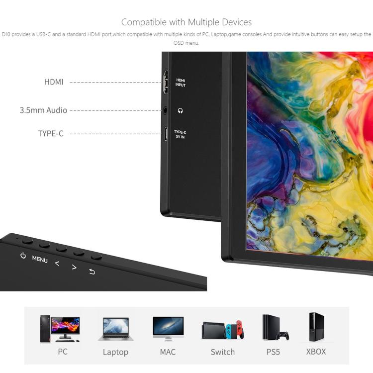 FEELWORLD D10 Monitor externo portátil táctil de 10,1 pulgadas, resolución FHD 1920 x 1200, pantalla compatible con USB-C y HDMI., D10