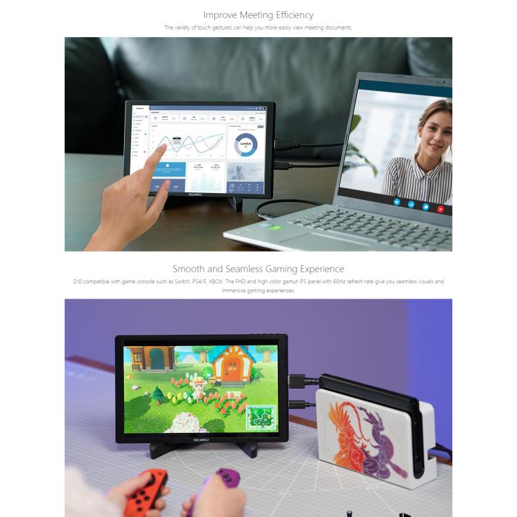 FEELWORLD D10 Monitor externo portátil táctil de 10,1 pulgadas, resolución FHD 1920 x 1200, pantalla compatible con USB-C y HDMI., D10