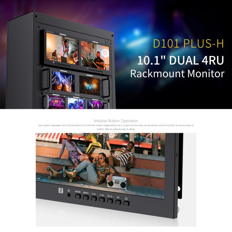 FEELWORLD D101 PLUS-H Monitor doble de 10,1 pulgadas para montaje en rack de 4U, compatible con HDMI 4K, CVBS, pantalla IPS de 1920x1200, US Plug, EU Plug, UK Plug, AU Plug