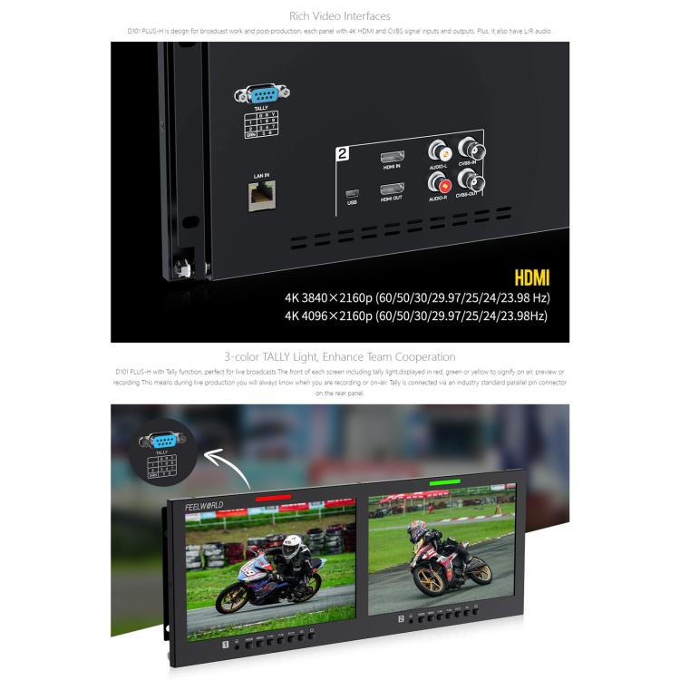 FEELWORLD D101 PLUS-H Monitor doble de 10,1 pulgadas para montaje en rack de 4U, compatible con HDMI 4K, CVBS, pantalla IPS de 1920x1200, US Plug, EU Plug, UK Plug, AU Plug