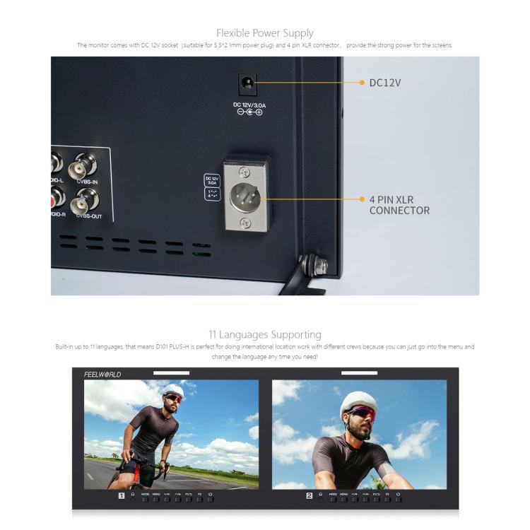 FEELWORLD D101 PLUS-H Monitor doble de 10,1 pulgadas para montaje en rack de 4U, compatible con HDMI 4K, CVBS, pantalla IPS de 1920x1200, US Plug, EU Plug, UK Plug, AU Plug