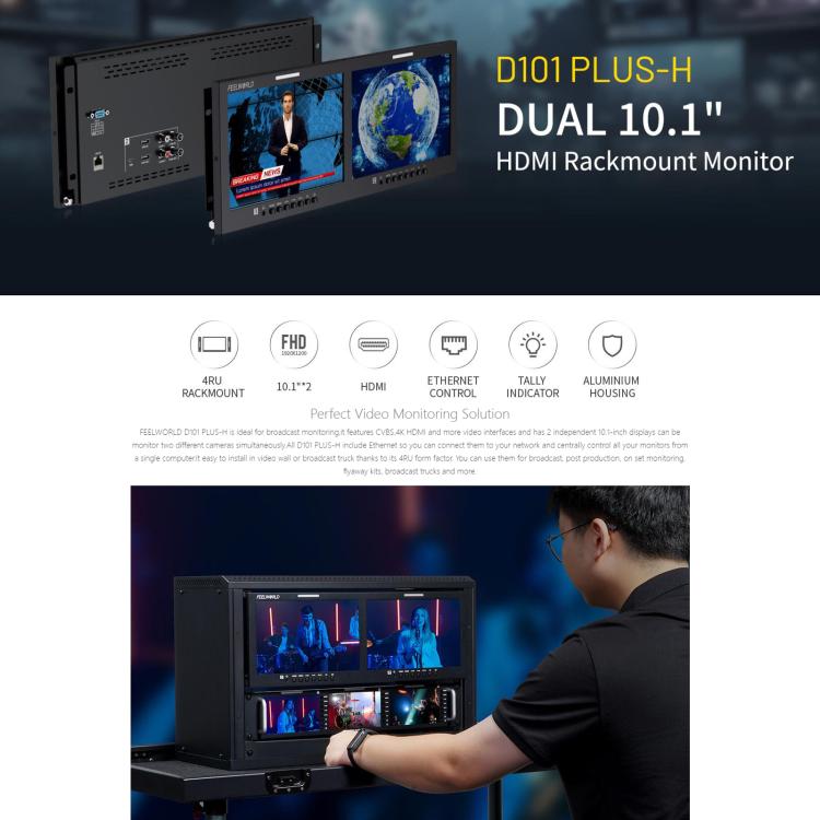 FEELWORLD D101 PLUS-H Monitor doble de 10,1 pulgadas para montaje en rack de 4U, compatible con HDMI 4K, CVBS, pantalla IPS de 1920x1200, US Plug, EU Plug, UK Plug, AU Plug