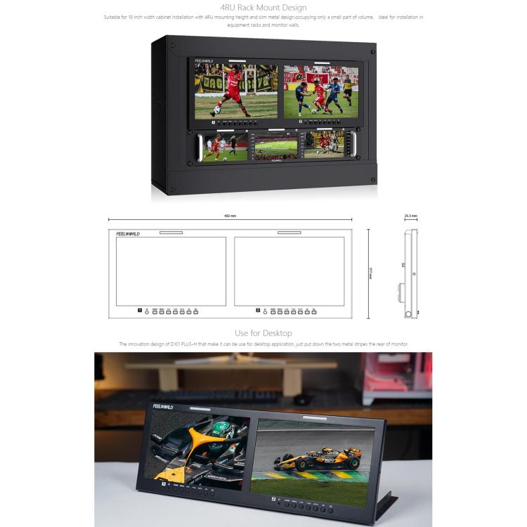 FEELWORLD D101 PLUS-H Monitor doble de 10,1 pulgadas para montaje en rack de 4U, compatible con HDMI 4K, CVBS, pantalla IPS de 1920x1200, US Plug, EU Plug, UK Plug, AU Plug