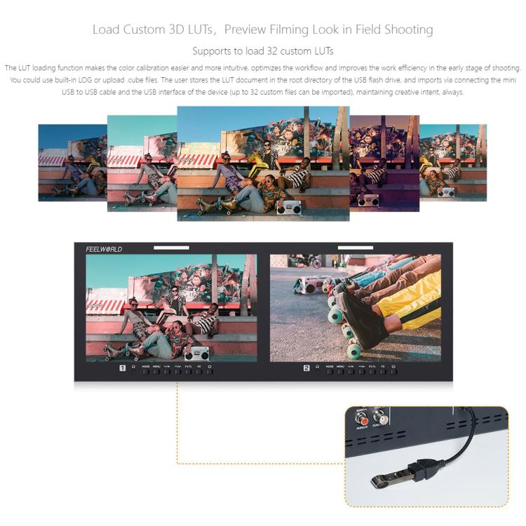 FEELWORLD D101 PLUS-H Monitor doble de 10,1 pulgadas para montaje en rack de 4U, compatible con HDMI 4K, CVBS, pantalla IPS de 1920x1200, US Plug, EU Plug, UK Plug, AU Plug