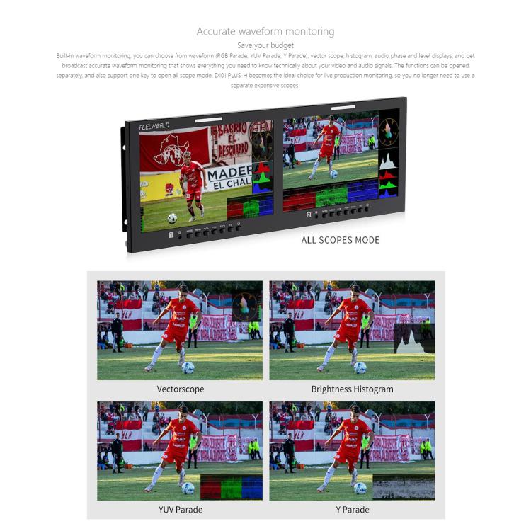 FEELWORLD D101 PLUS-H Monitor doble de 10,1 pulgadas para montaje en rack de 4U, compatible con HDMI 4K, CVBS, pantalla IPS de 1920x1200, US Plug, EU Plug, UK Plug, AU Plug