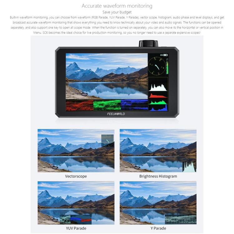Monitor de vídeo para cámara de campo FEELWORLD SC6 de 6 pulgadas, 1500 nits de alto brillo, aluminio, compatible con 3G, SDI, 4K y HDMI, 60 Hz, resolución IPS de 1920 x 1080., SC6