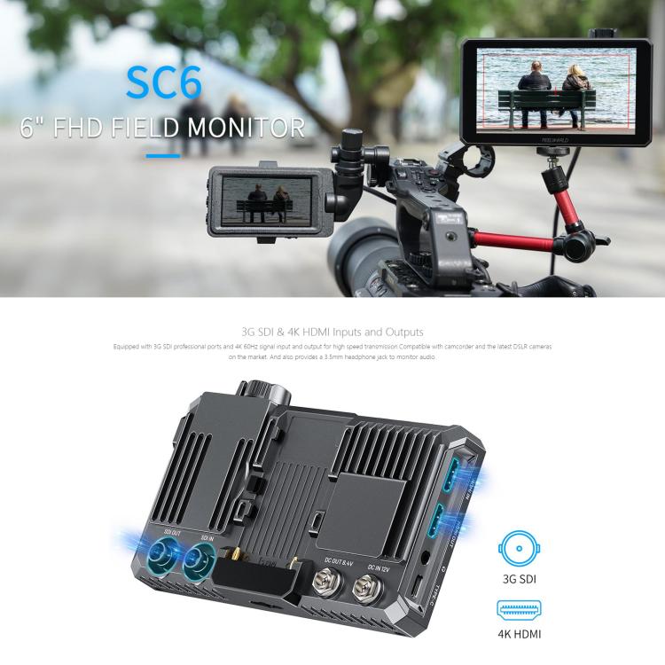 Monitor de vídeo para cámara de campo FEELWORLD SC6 de 6 pulgadas, 1500 nits de alto brillo, aluminio, compatible con 3G, SDI, 4K y HDMI, 60 Hz, resolución IPS de 1920 x 1080., SC6