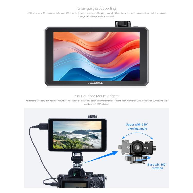 Monitor de vídeo para cámara de campo FEELWORLD SC6 de 6 pulgadas, 1500 nits de alto brillo, aluminio, compatible con 3G, SDI, 4K y HDMI, 60 Hz, resolución IPS de 1920 x 1080., SC6