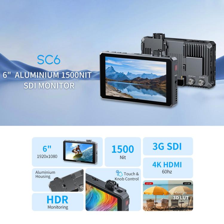 Monitor de vídeo para cámara de campo FEELWORLD SC6 de 6 pulgadas, 1500 nits de alto brillo, aluminio, compatible con 3G, SDI, 4K y HDMI, 60 Hz, resolución IPS de 1920 x 1080., SC6